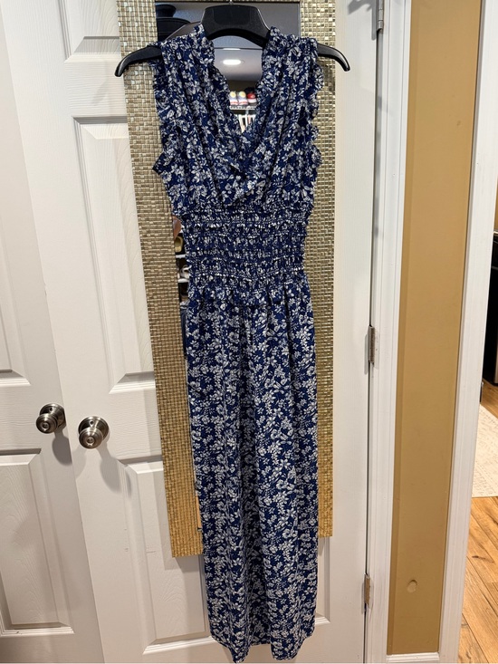 Max Studio Pants - Max Studio Navy and White Floral Smocked-Waist Jumpsuit